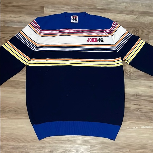 JONK 46 Men Crewneck Sweater Navy Multicolored stripe Size L Made in Italy NWOT - Picture 2 of 11